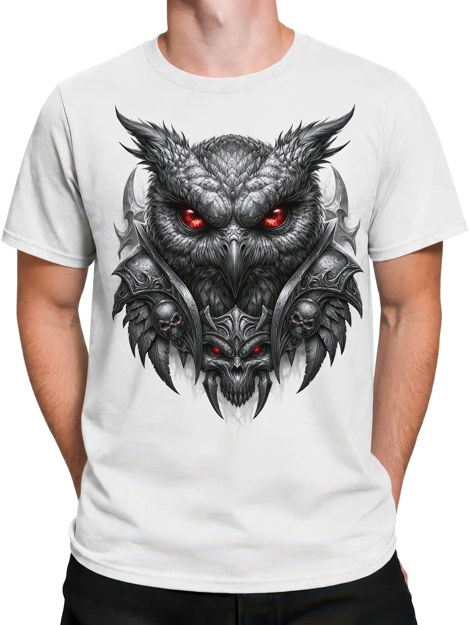 Male torso wearing a white fantasy T-shirt with a winged creature, armor, red eyes, and skull accents