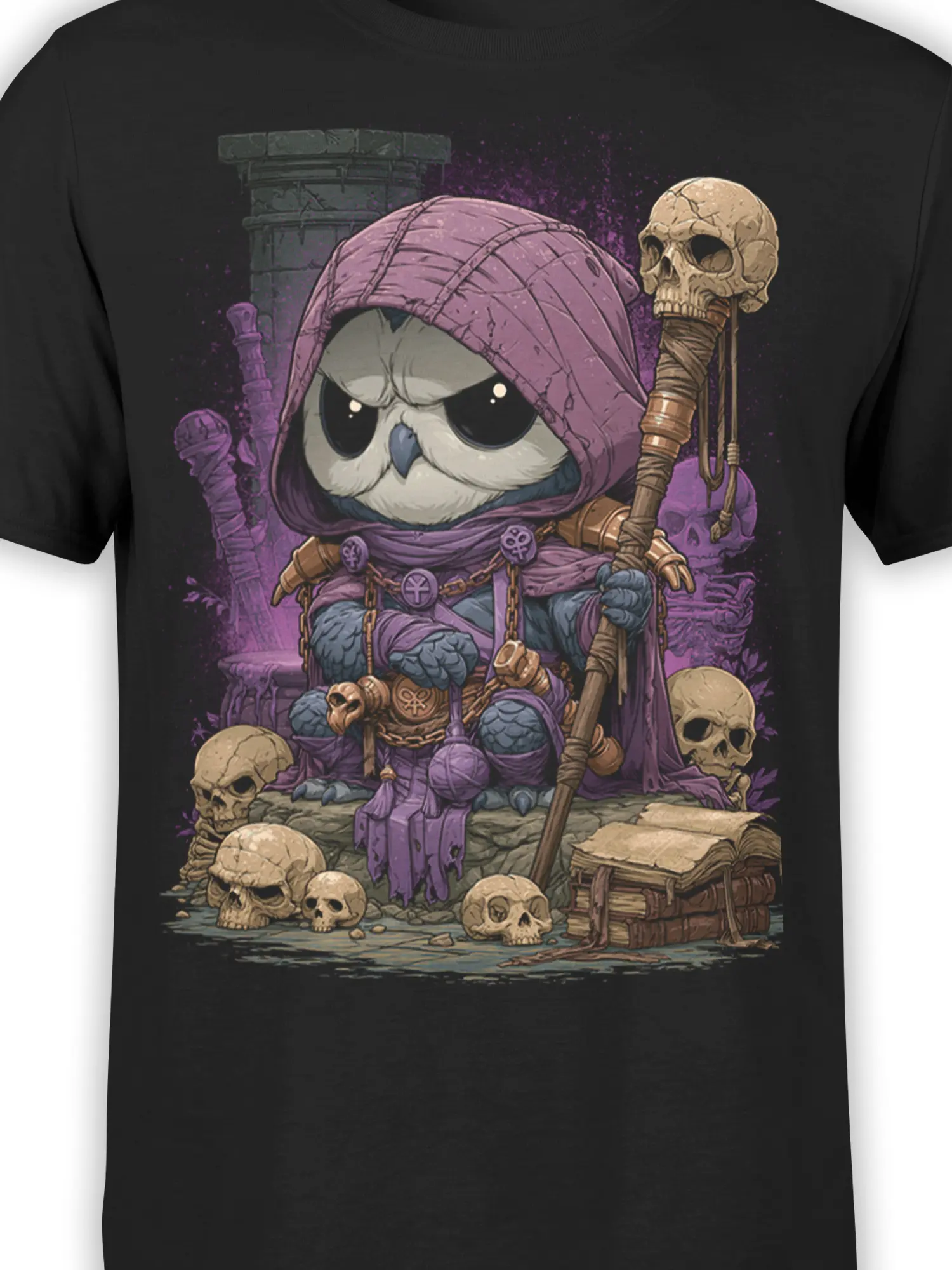 Detailed owl necromancer artwork with purple robes, skull staff, and fantasy skulls on a black shirt