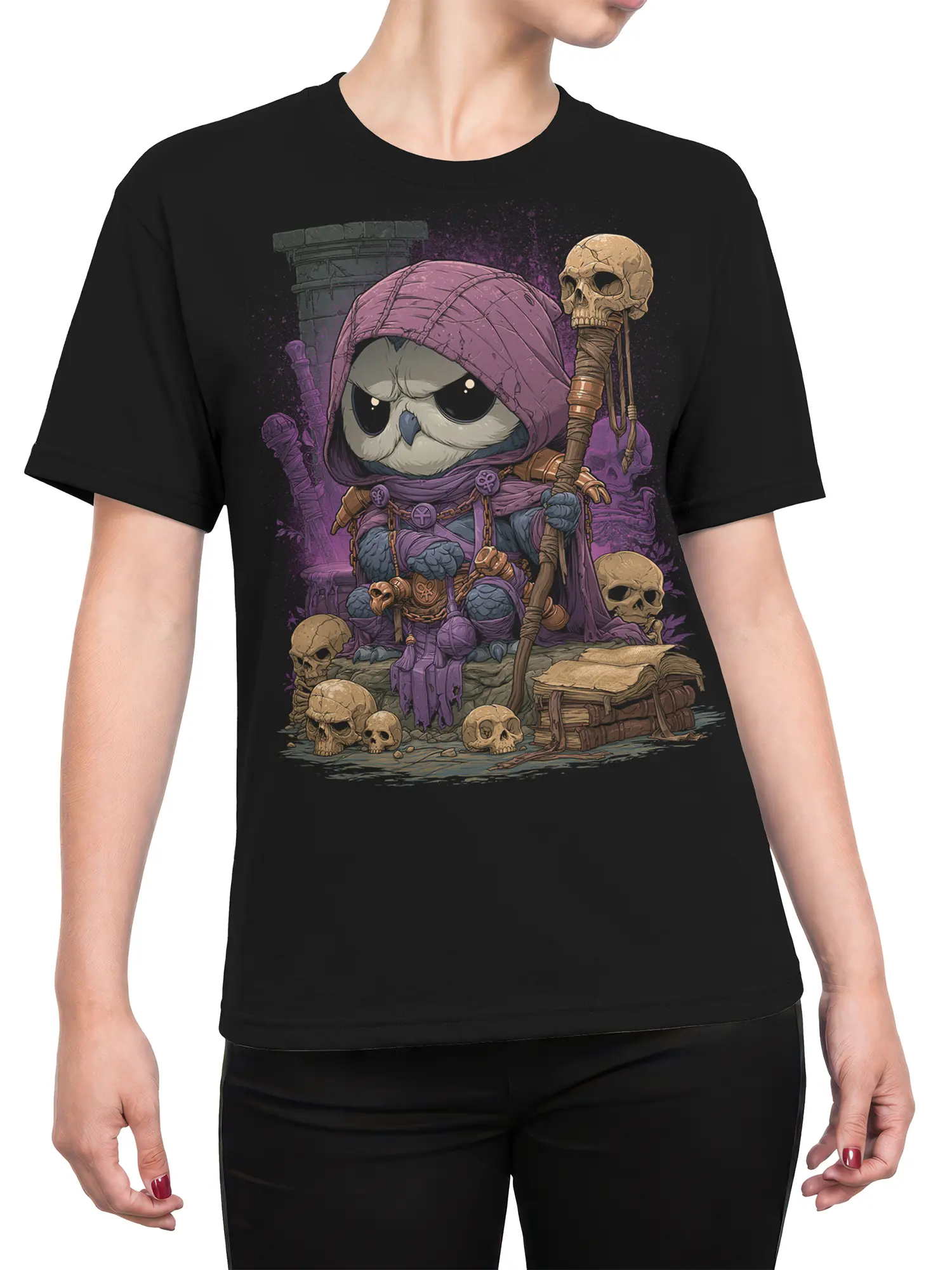 Female torso wearing a black T-shirt with a hooded owl necromancer fantasy design