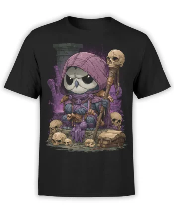 Hooded owl necromancer in purple robes with skulls and a staff on a black fantasy T-shirt