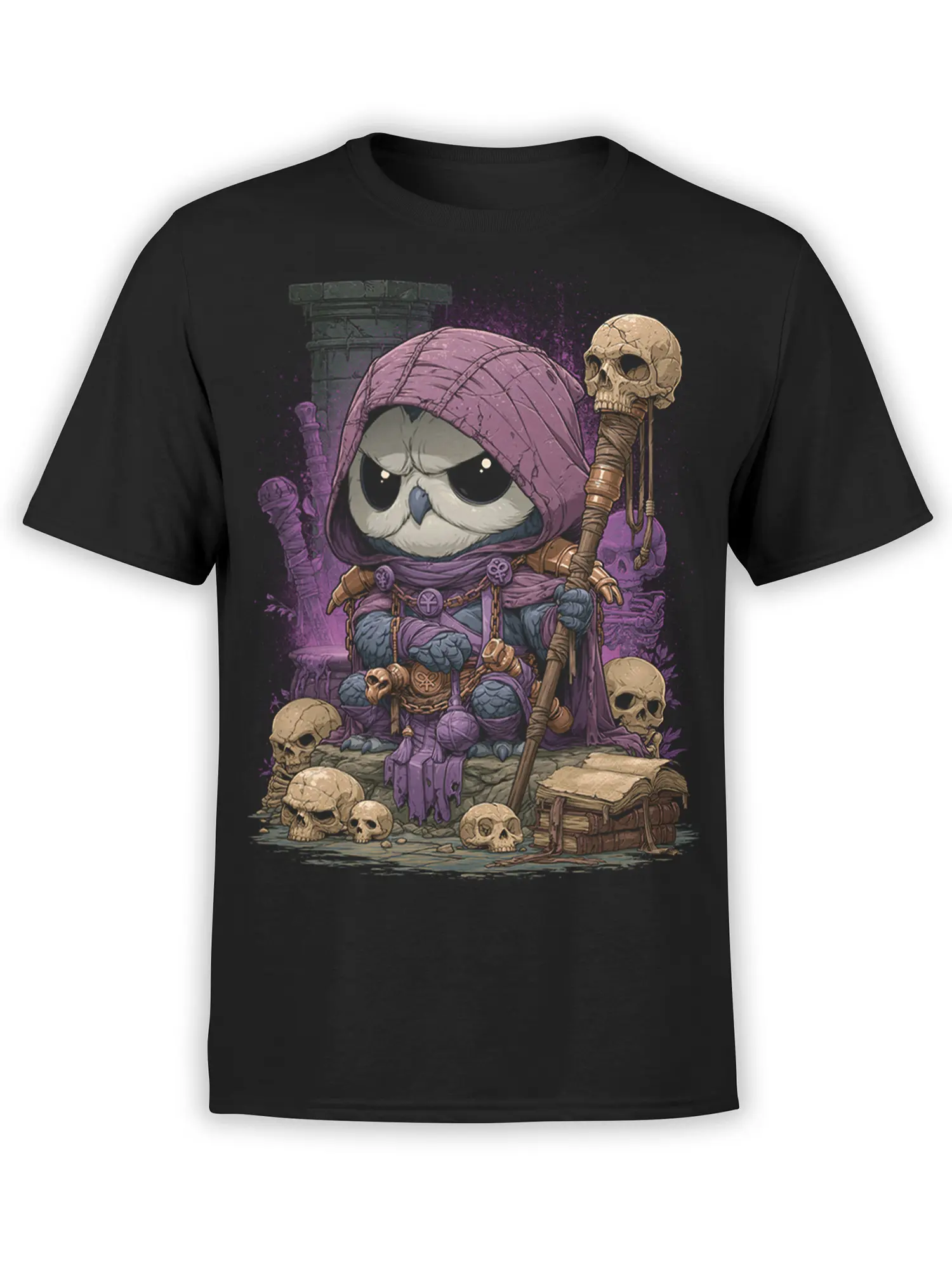 Hooded owl necromancer in purple robes with skulls and a staff on a black fantasy T-shirt