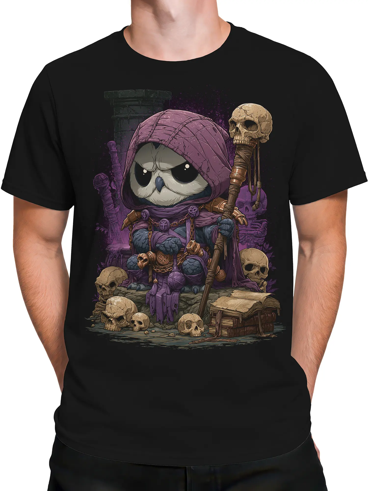 Male torso wearing a black T-shirt with a purple-robed owl necromancer design