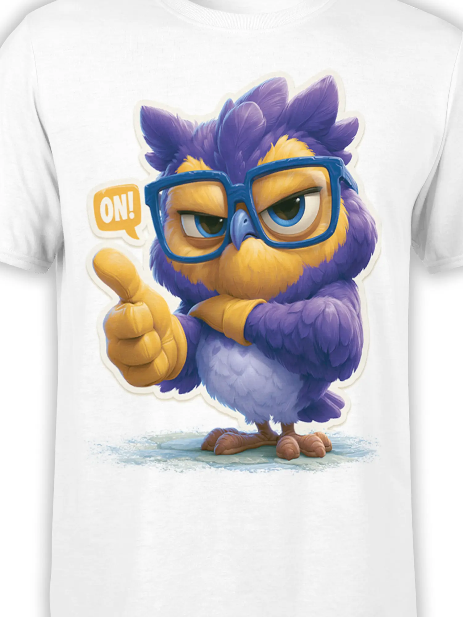 Close-up of the purple bird graphic with blue glasses, gold feathers, and a confident thumbs-up on a white shirt