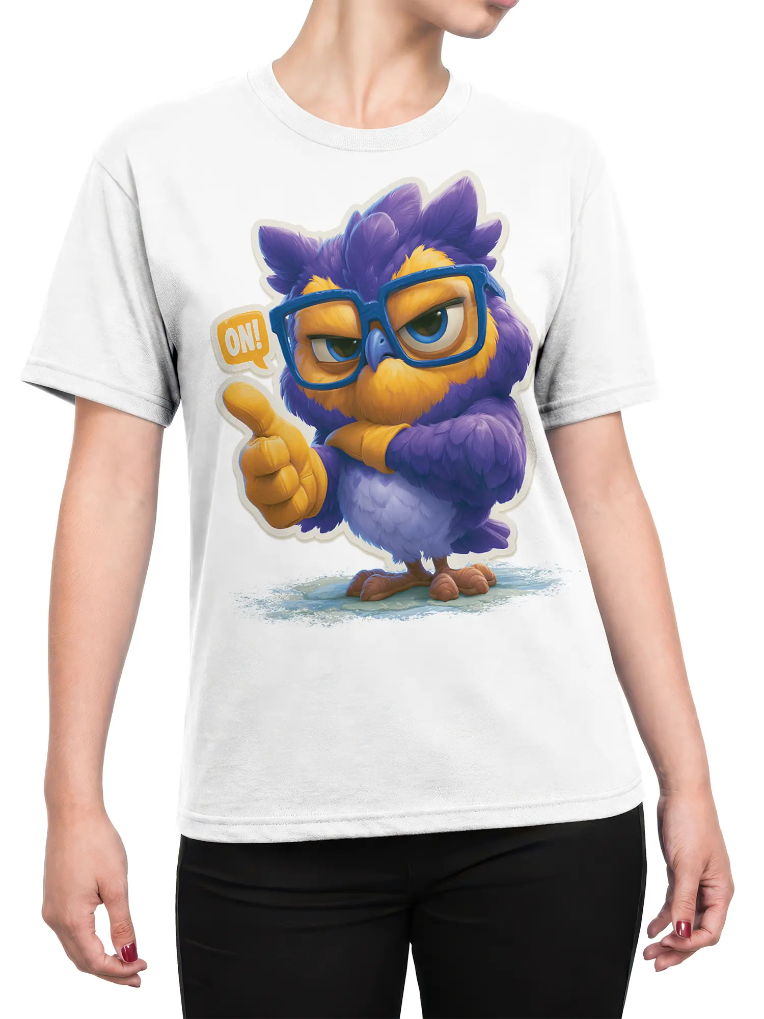 Female torso wearing a white T-shirt with a colorful purple bird in blue glasses and a thumbs-up