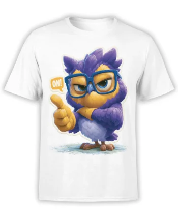 White T-shirt featuring a purple and gold bird with blue glasses and a thumbs-up gesture