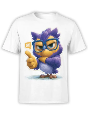 White T-shirt featuring a purple and gold bird with blue glasses and a thumbs-up gesture
