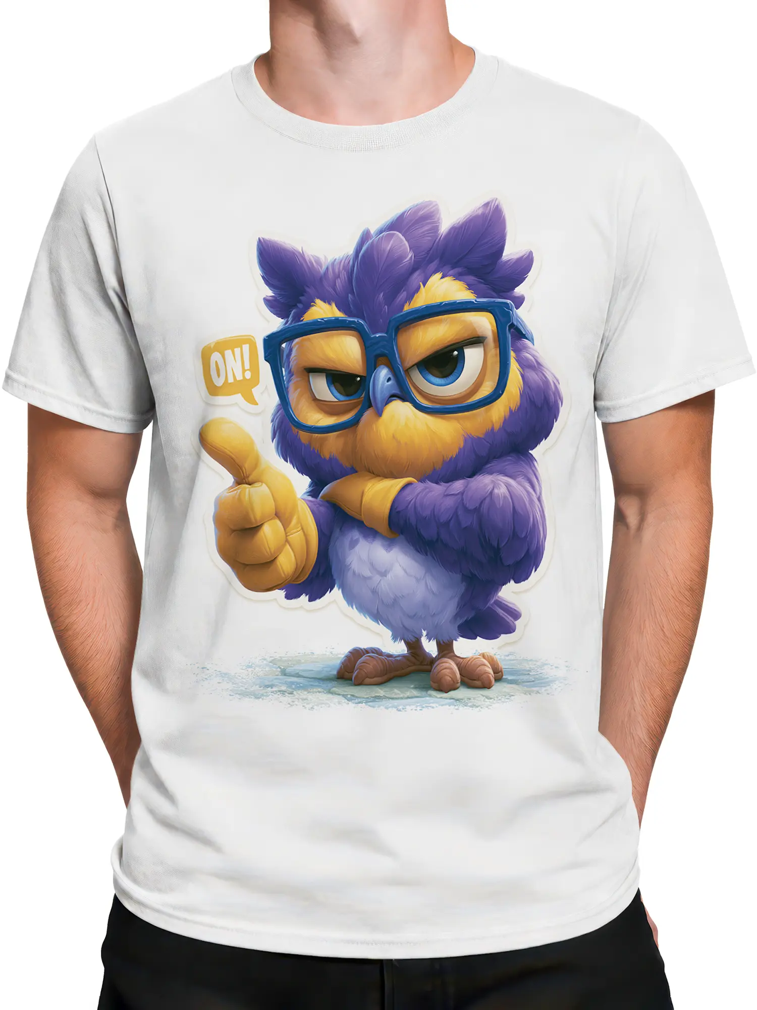 Male torso wearing a white T-shirt with a purple bird in blue glasses giving a thumbs-up
