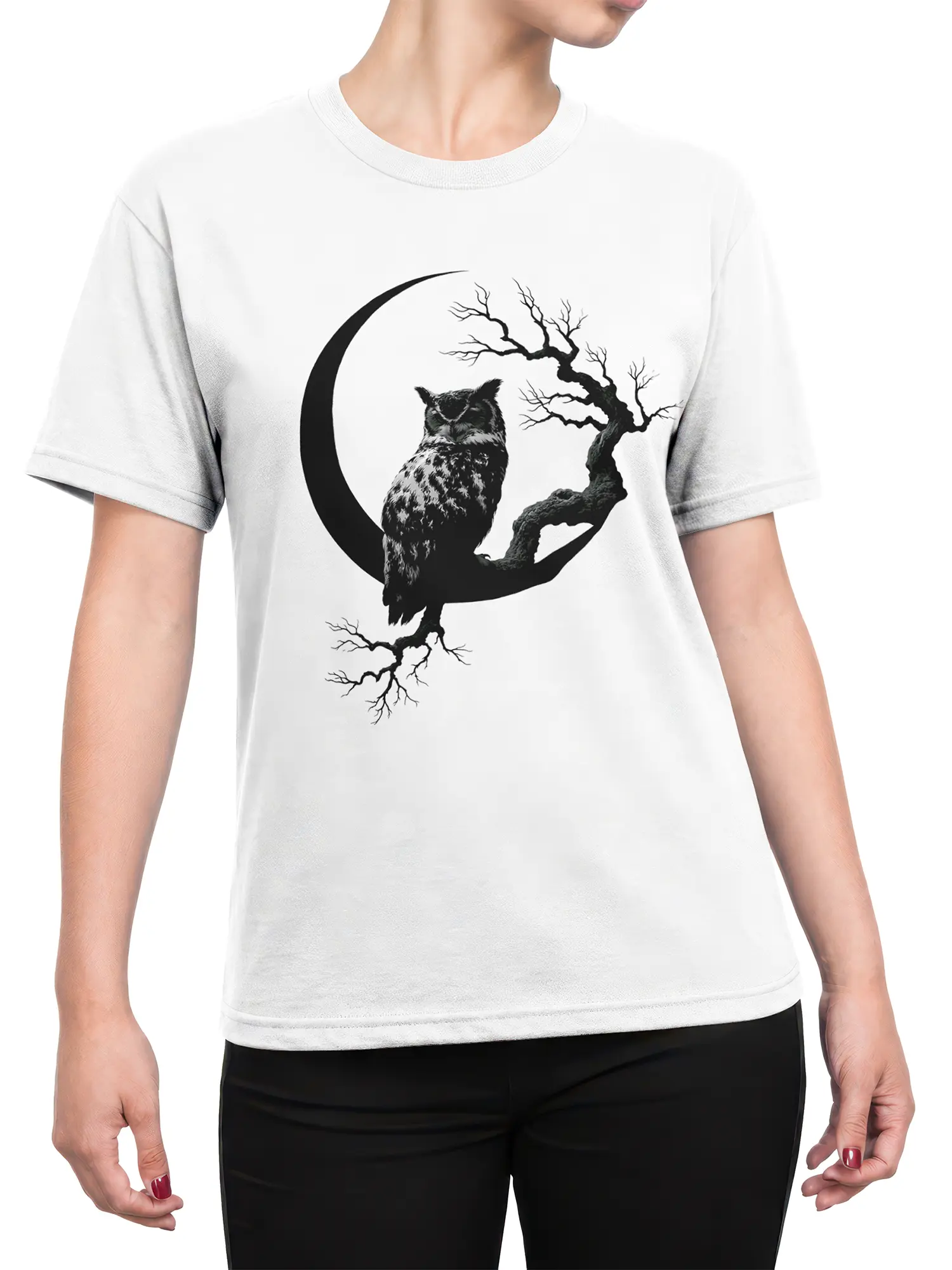 Female torso wearing a white T-shirt with a black owl beneath a crescent moon and bare tree