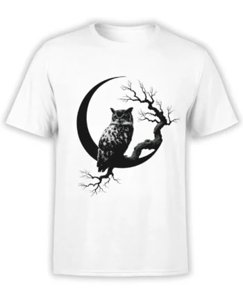 Black owl perched beneath a crescent moon and twisted bare tree on a white T-shirt