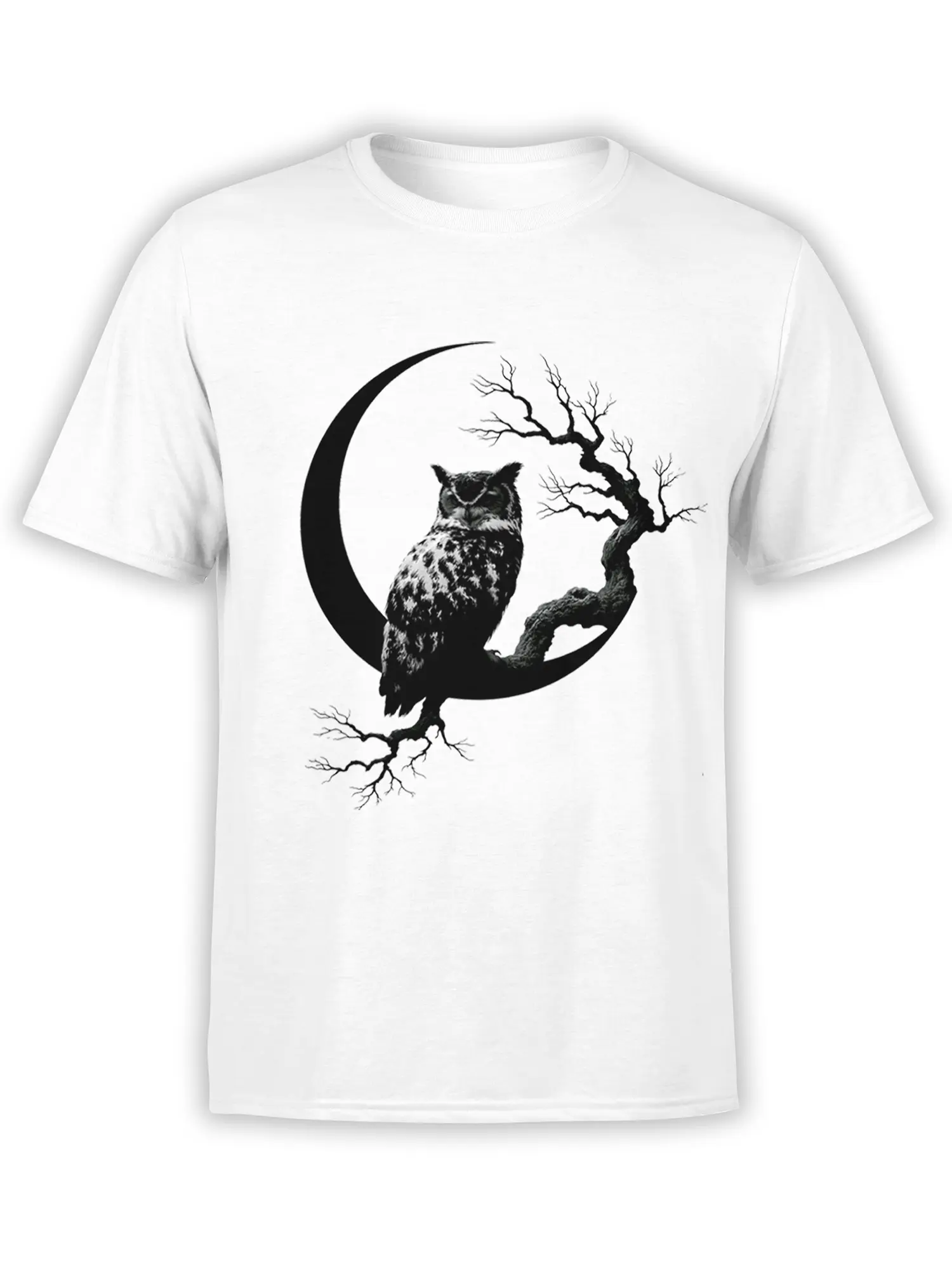 Black owl perched beneath a crescent moon and twisted bare tree on a white T-shirt