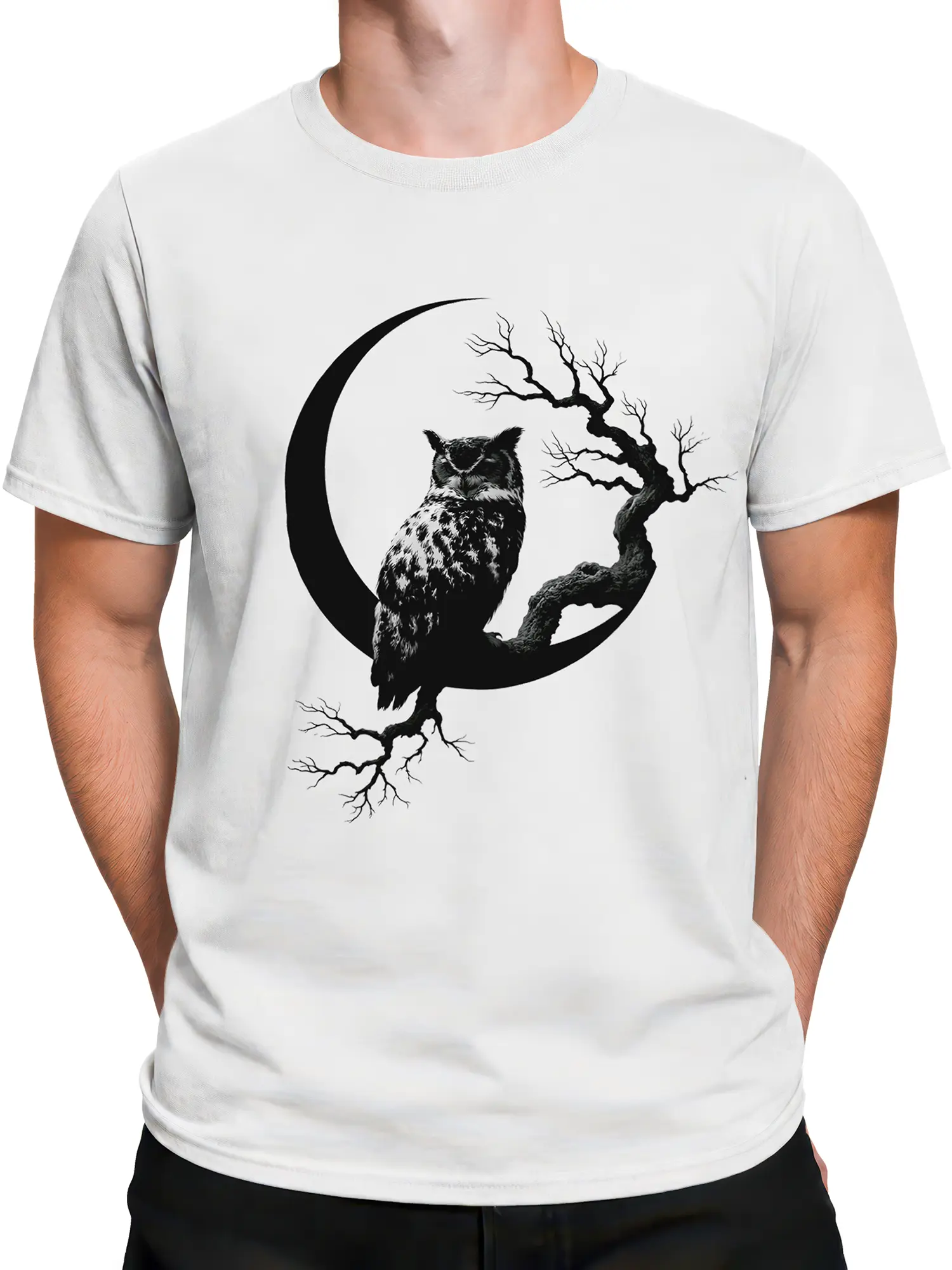 Male torso wearing a white T-shirt with black owl and crescent moon artwork