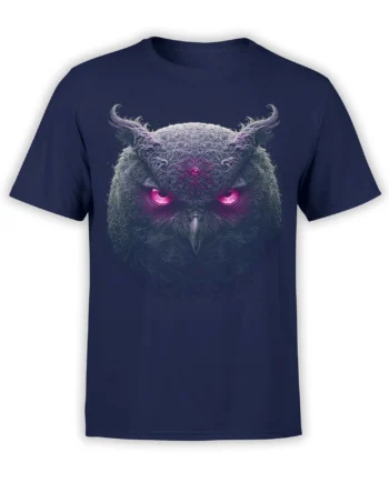 Mysterious horned owl with glowing magenta eyes on a navy T-shirt