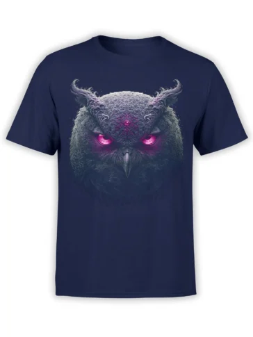 Mysterious horned owl with glowing magenta eyes on a navy T-shirt