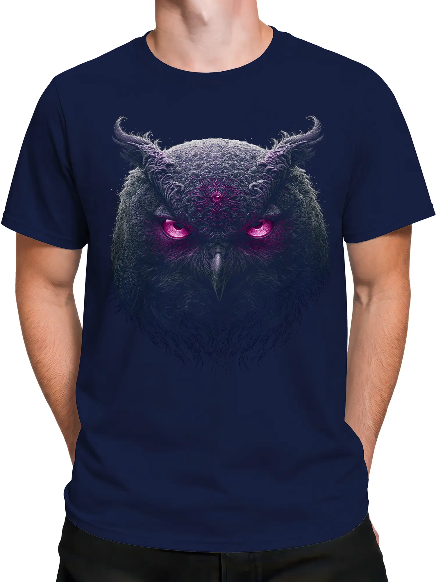Male torso wearing a navy T-shirt with an ornate horned owl graphic
