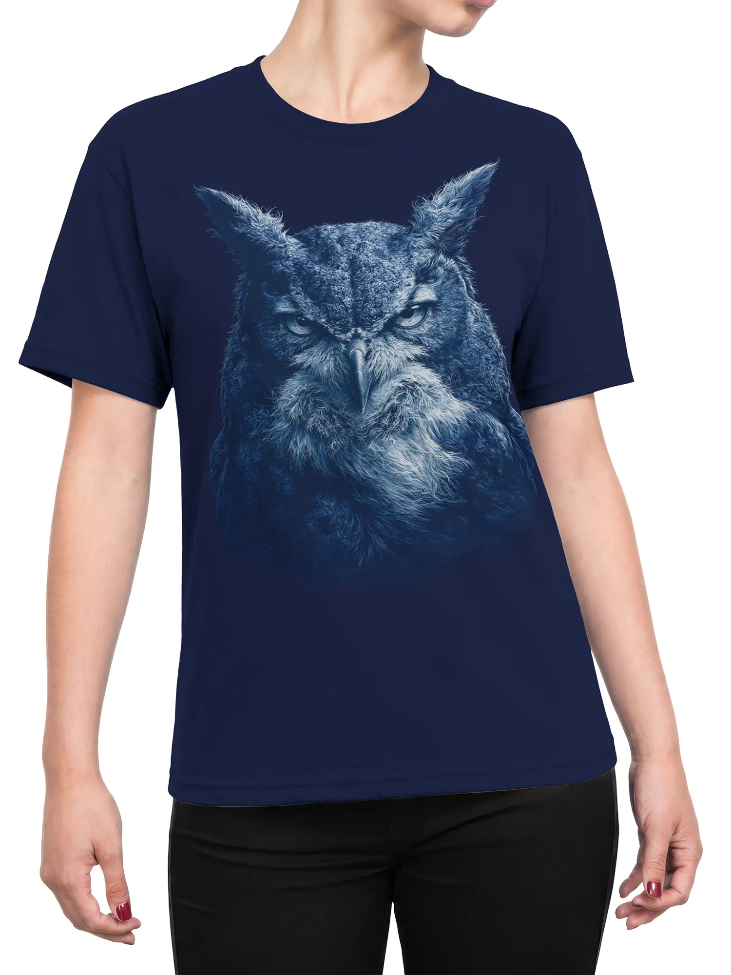 Female torso wearing a navy T-shirt with a detailed blue-toned owl design