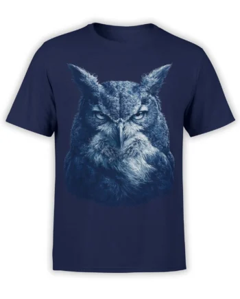 Detailed blue-toned owl with an intense stare printed on a navy T-shirt