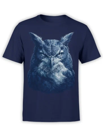Detailed blue-toned owl with an intense stare printed on a navy T-shirt