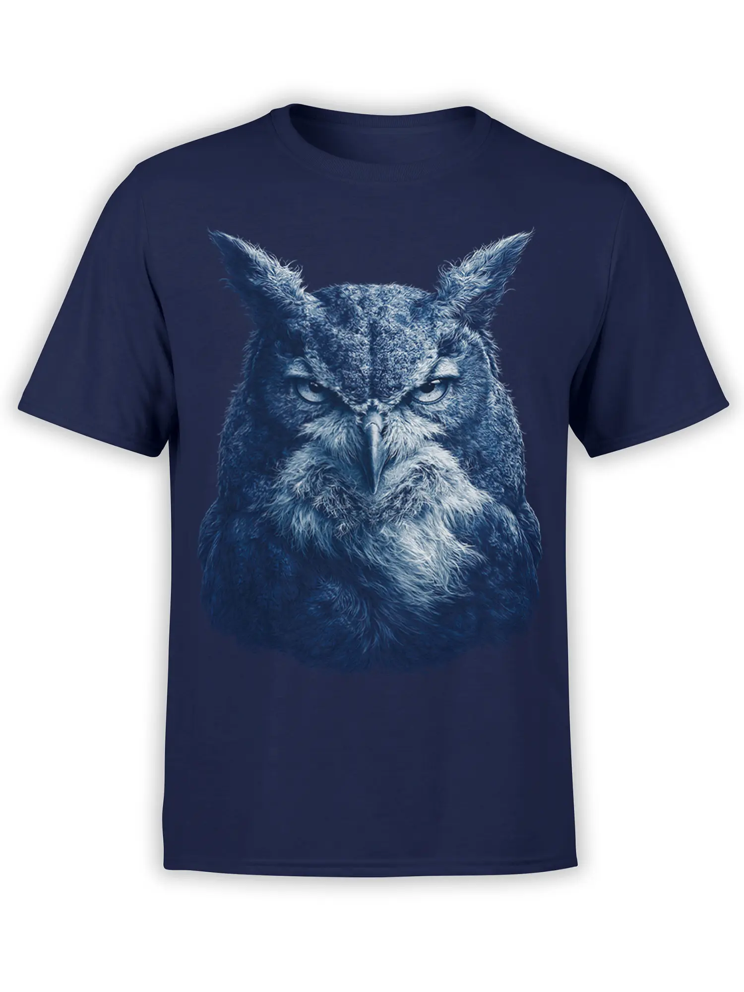 Detailed blue-toned owl with an intense stare printed on a navy T-shirt