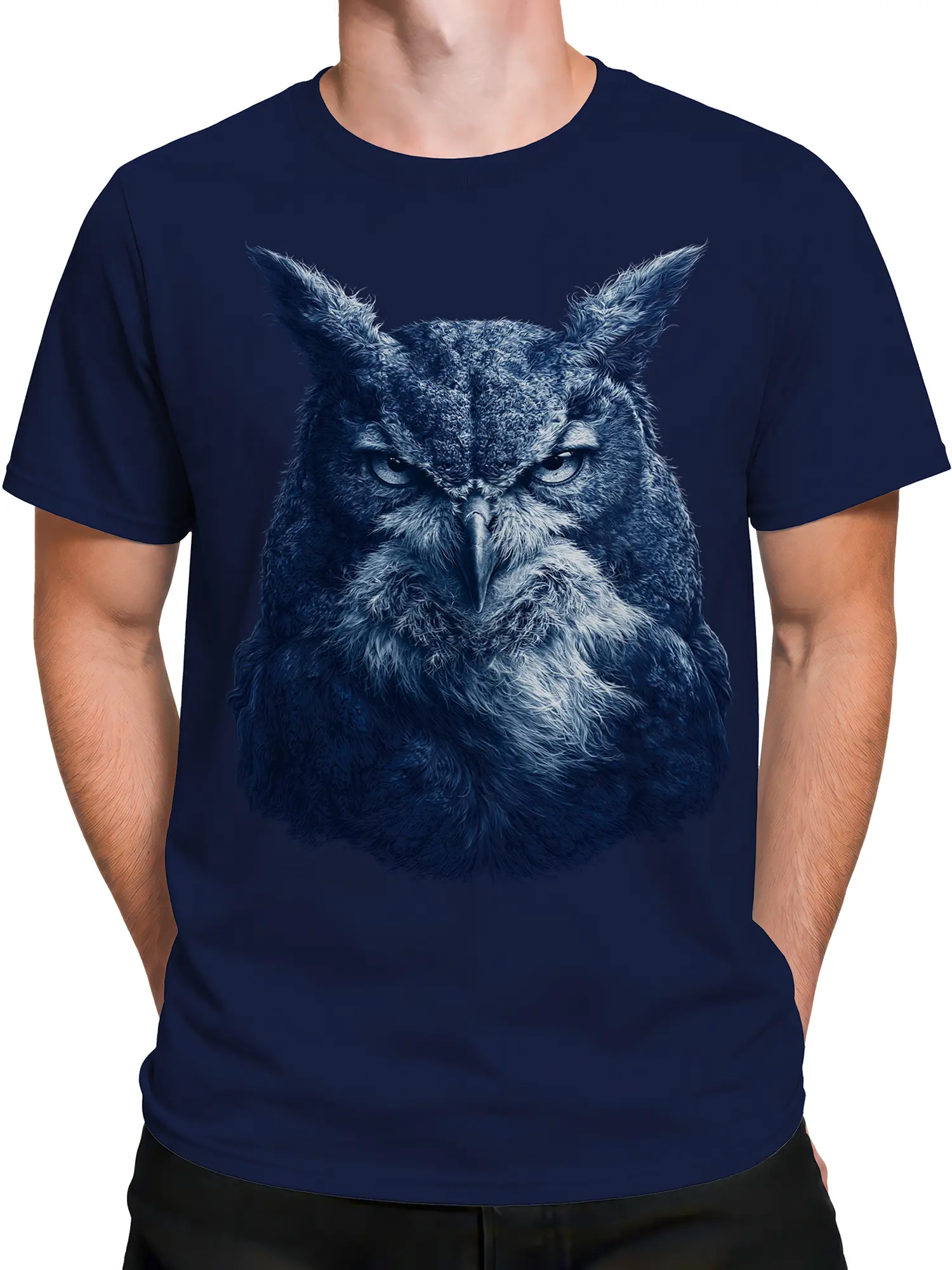Male torso wearing a navy T-shirt with a detailed blue-toned owl design