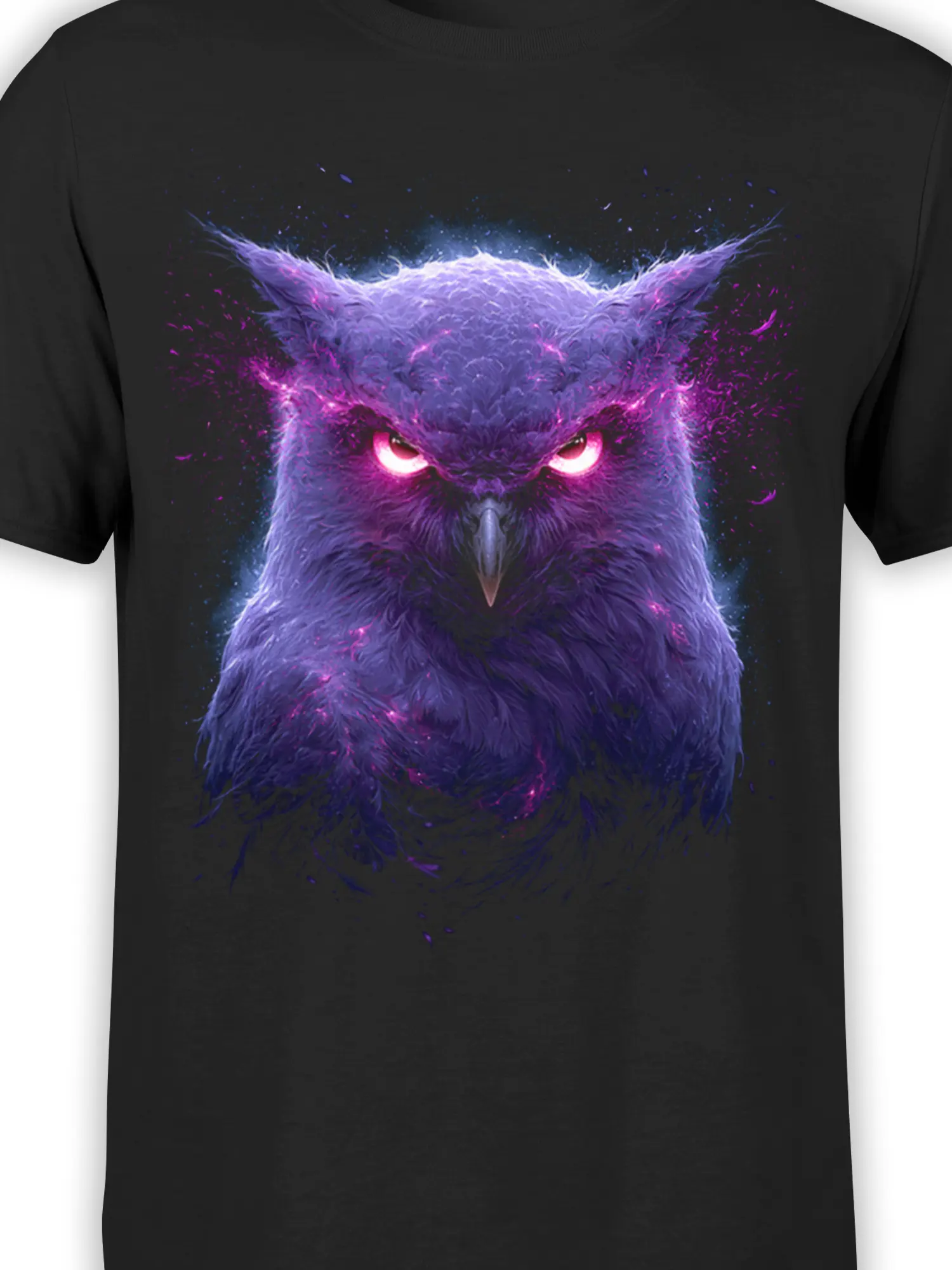 Close-up of the purple owl graphic with glowing eyes and vivid cosmic feather details on black fabric
