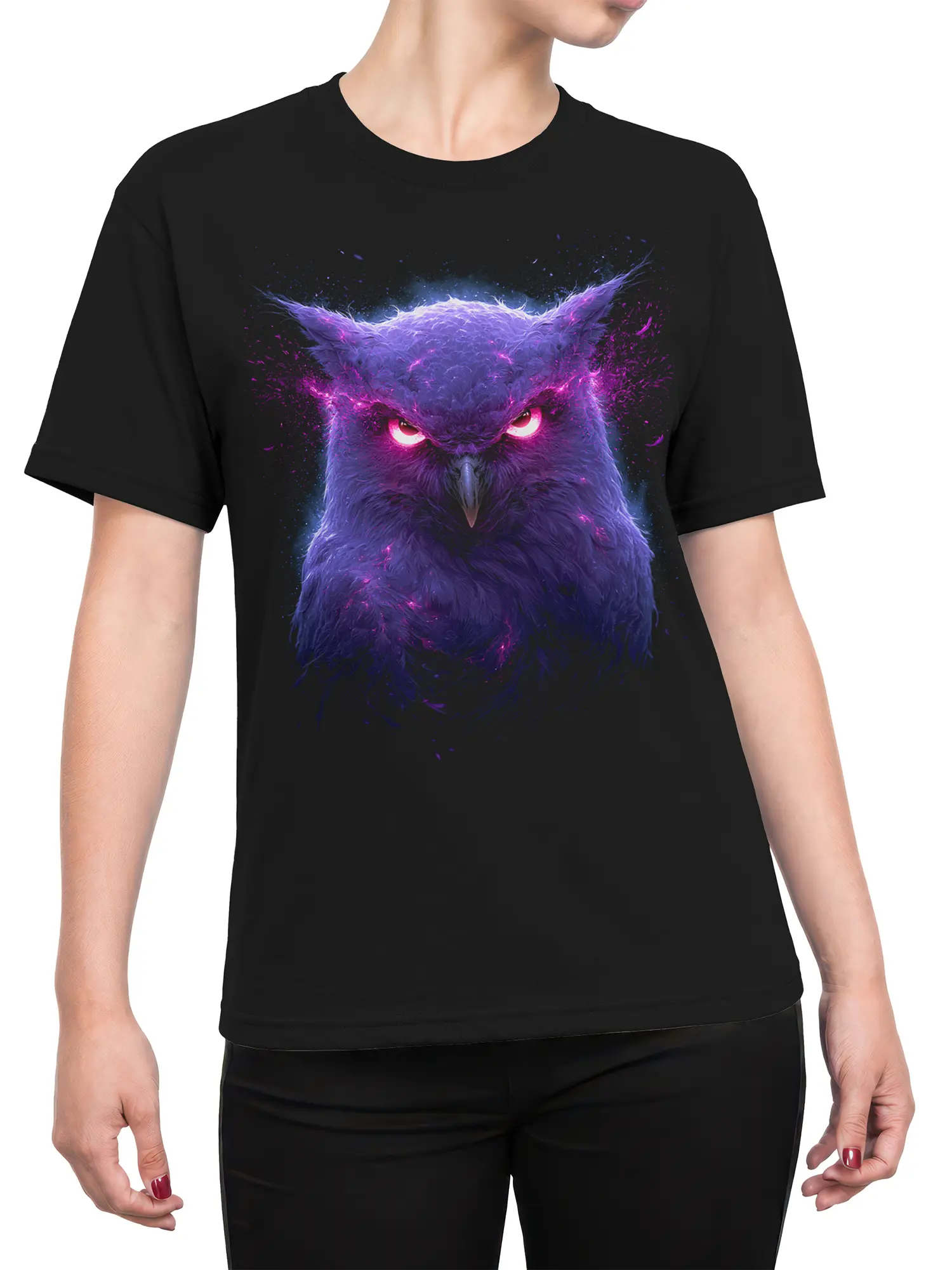 Female torso wearing a black T-shirt with a fierce purple owl and glowing cosmic eyes