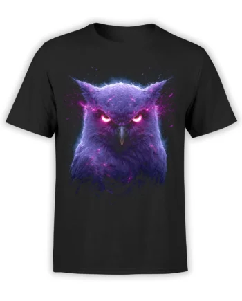 Fierce purple owl with glowing eyes and cosmic blue and magenta details on a black T-shirt