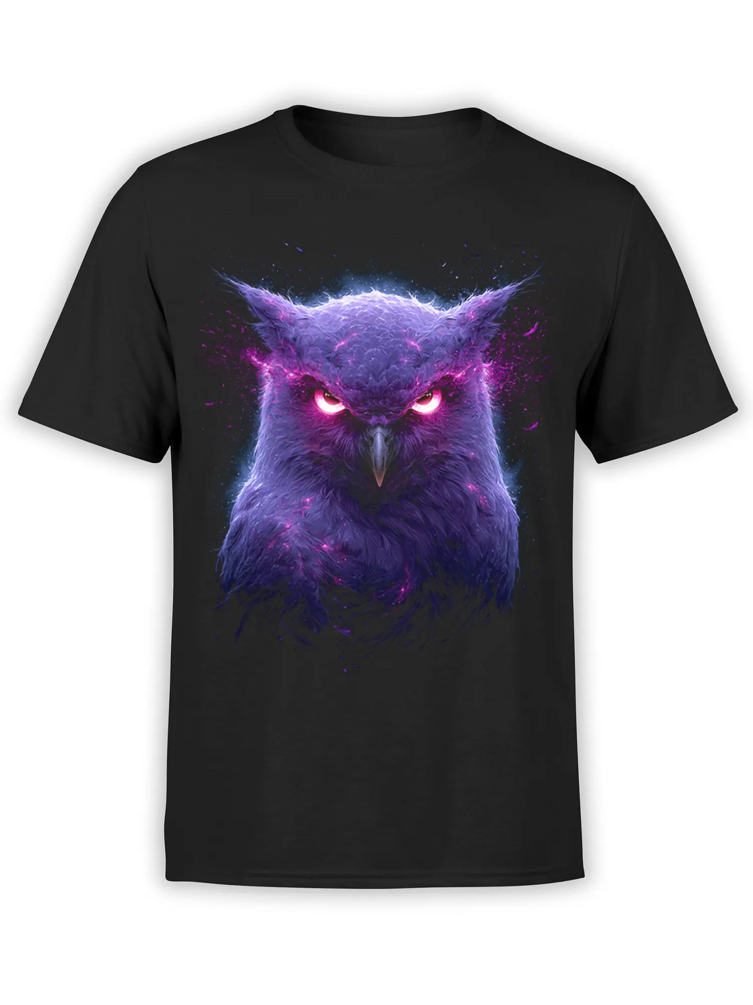 Fierce purple owl with glowing eyes and cosmic blue and magenta details on a black T-shirt