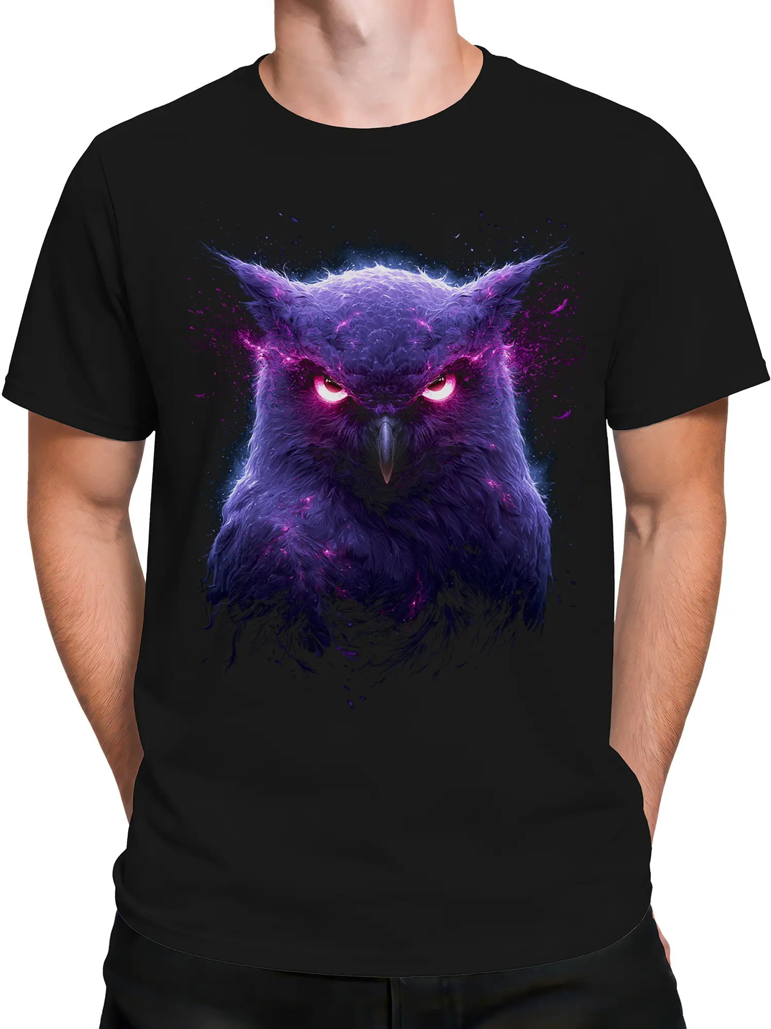 Male torso wearing a black T-shirt with a glowing purple owl graphic and cosmic accents