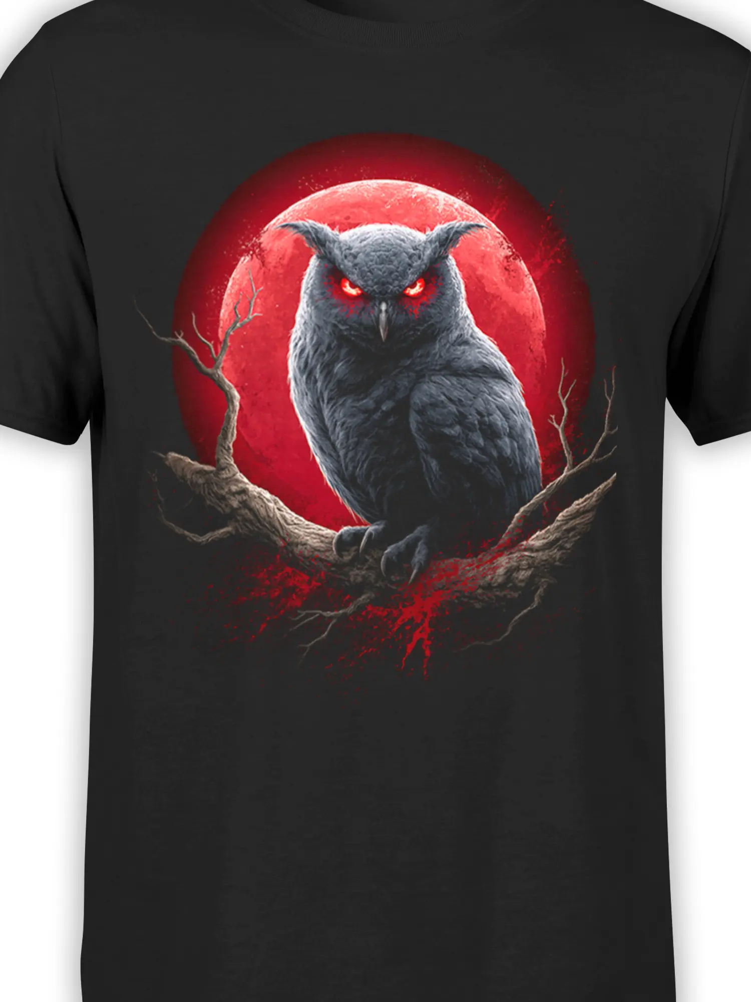 Close-up of gray owl artwork and red moon on a black owl graphic tee