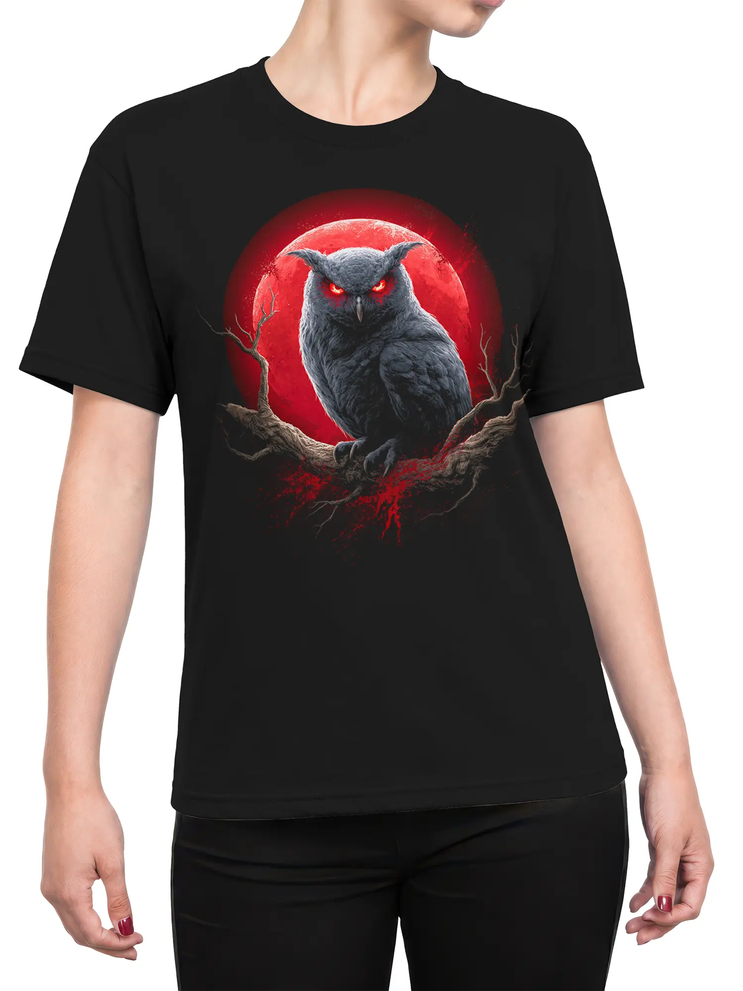 Female torso wearing a black owl T-shirt with a gray owl and red moon design