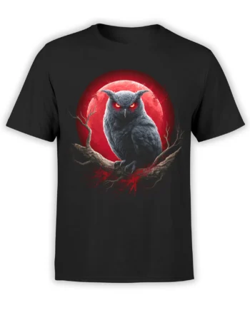 Black owl t-shirt with a gray owl perched on a branch beneath a glowing red moon