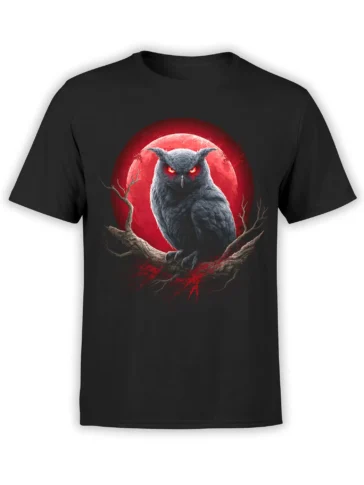 Black owl t-shirt with a gray owl perched on a branch beneath a glowing red moon