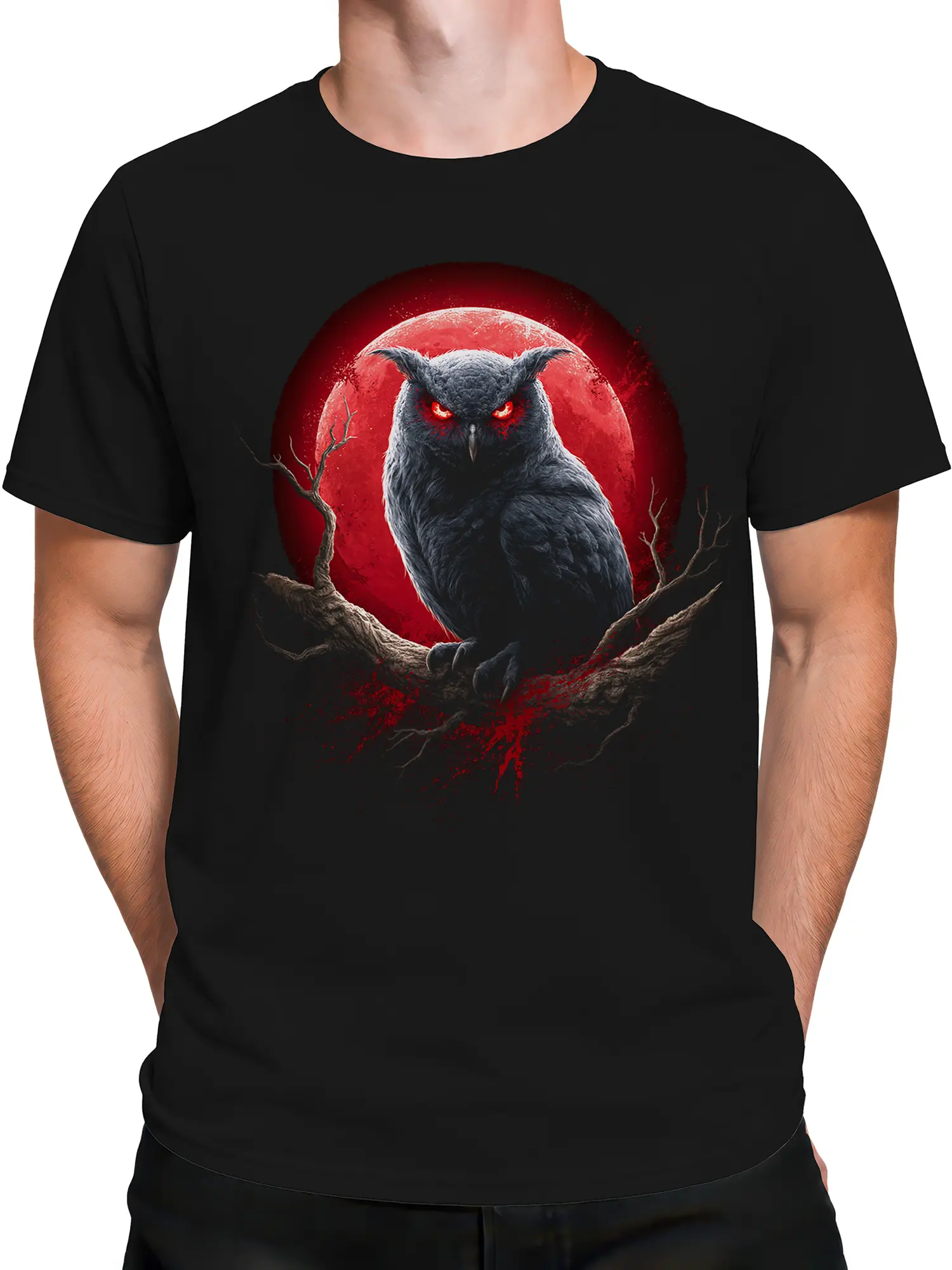 Male torso wearing a black owl T-shirt with a red moon and dark woodland design