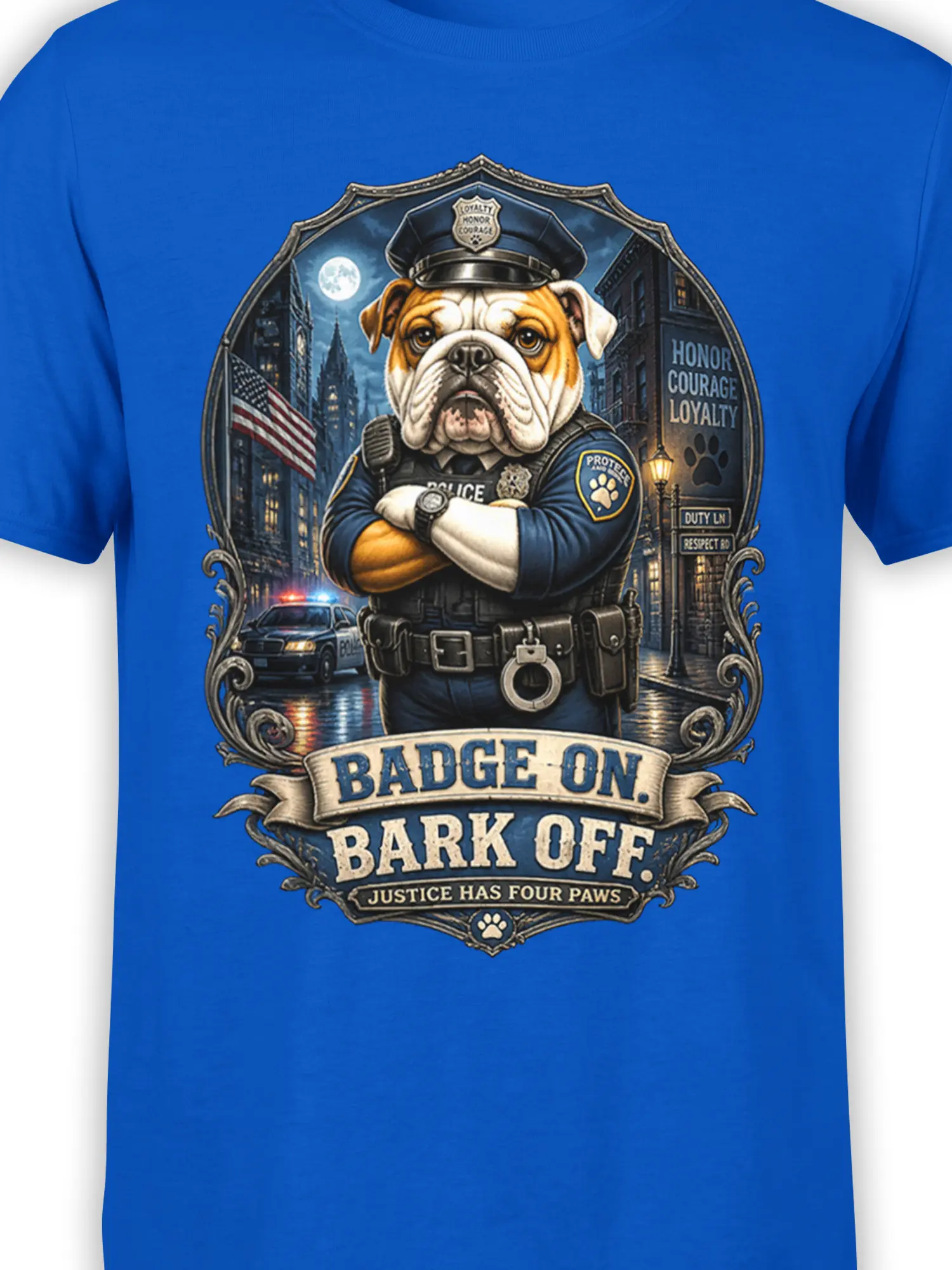 Close-up of the police bulldog design and Badge On Bark Off lettering on blue fabric