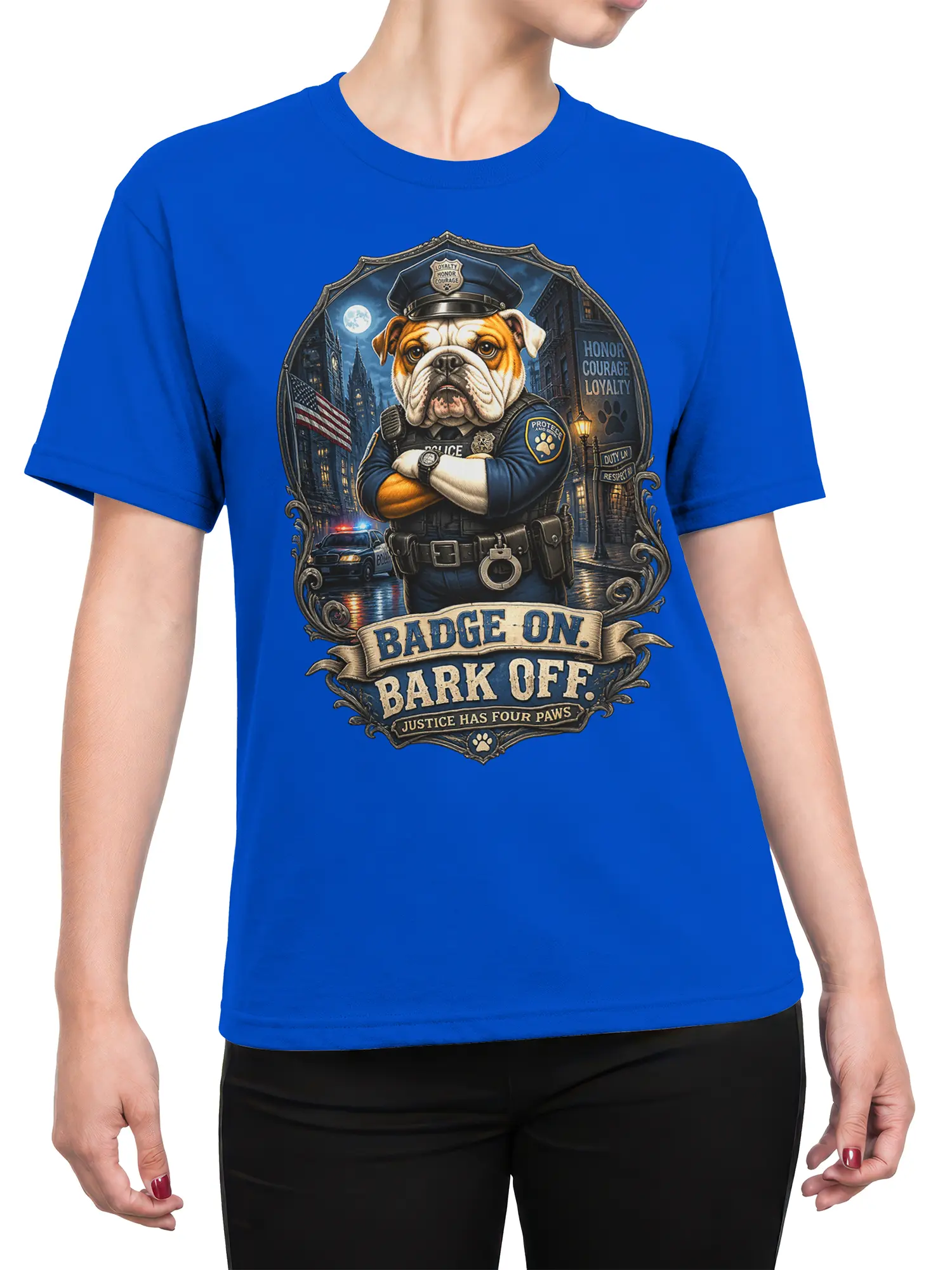 Female torso wearing a blue police bulldog shirt with Badge On Bark Off artwork