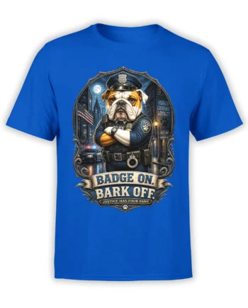 Police bulldog in uniform on a blue shirt with Badge On Bark Off artwork and city night scene