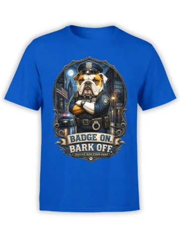 Police bulldog in uniform on a blue shirt with Badge On Bark Off artwork and city night scene