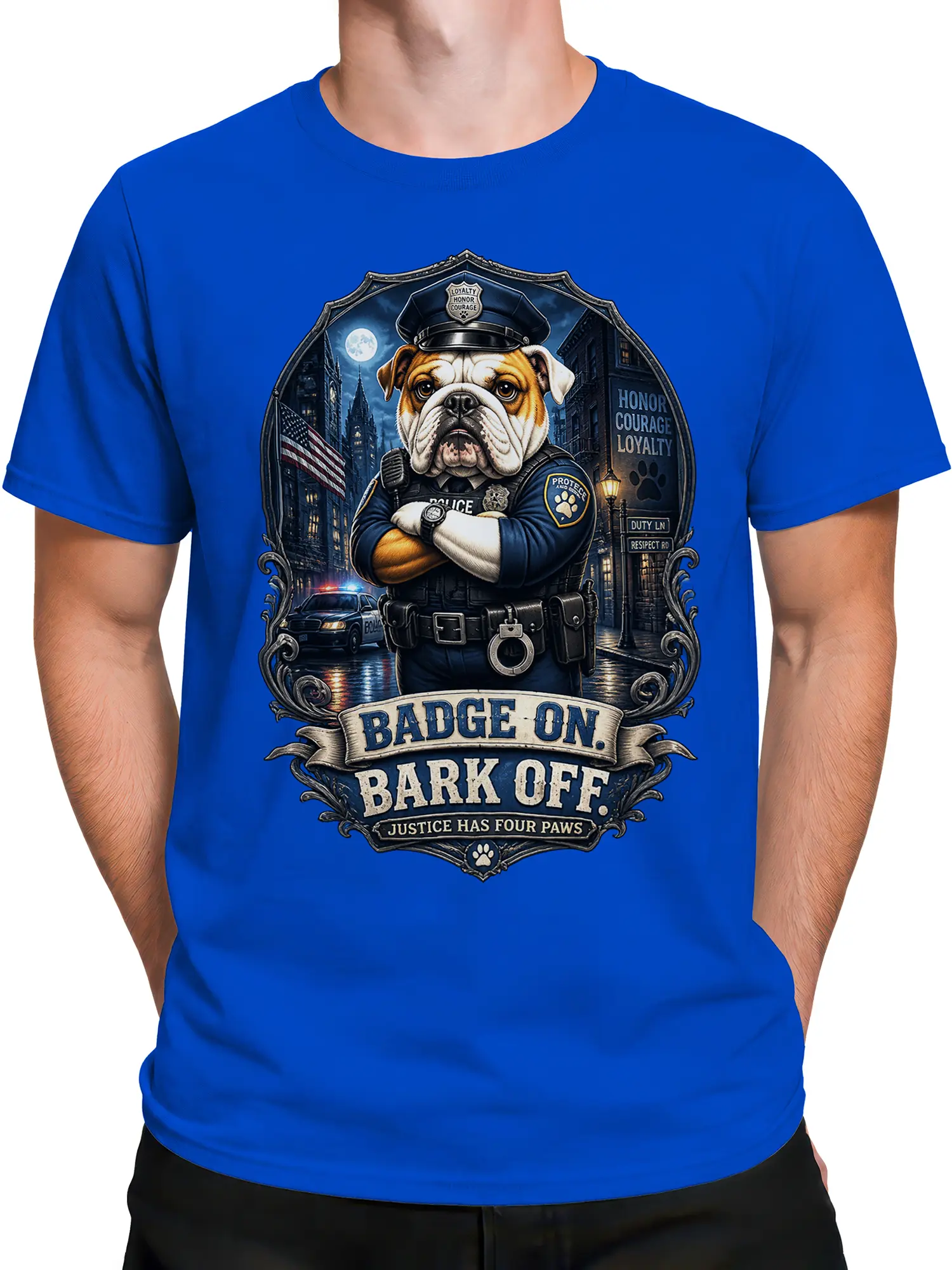 Male torso wearing a blue police bulldog shirt with Badge On Bark Off artwork