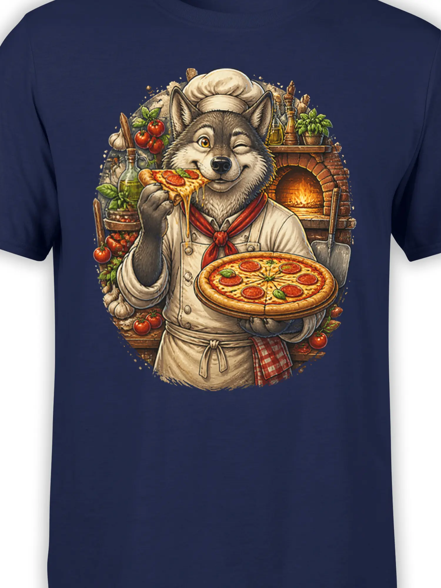 Close-up of winking wolf chef and pepperoni pizza artwork on navy fabric