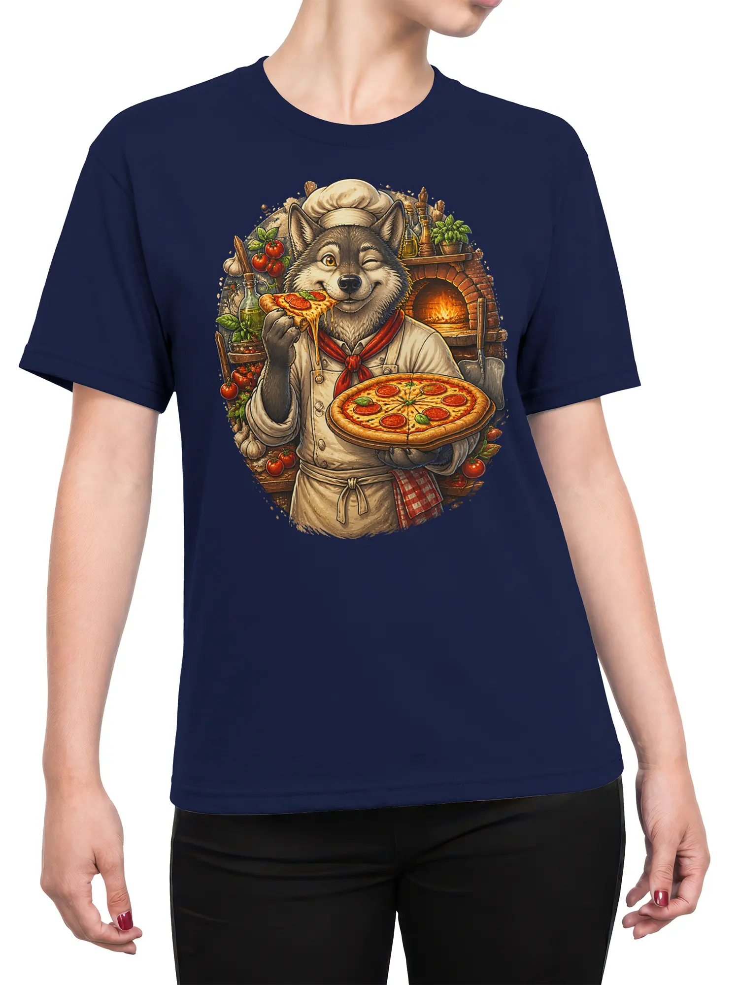 Female torso wearing a navy T-shirt with a winking wolf pizza chef design