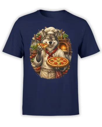 Winking wolf chef holding a pepperoni pizza on a navy T-shirt