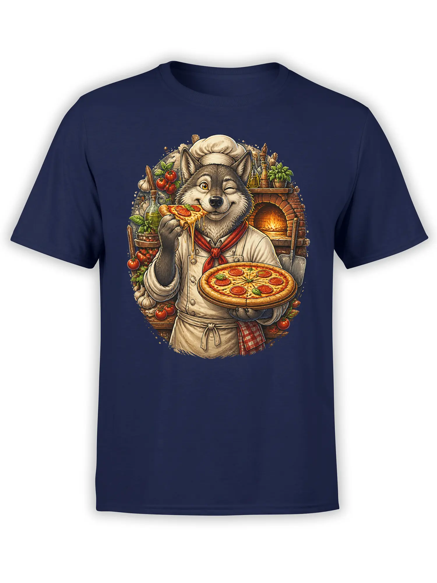 Winking wolf chef holding a pepperoni pizza on a navy T-shirt