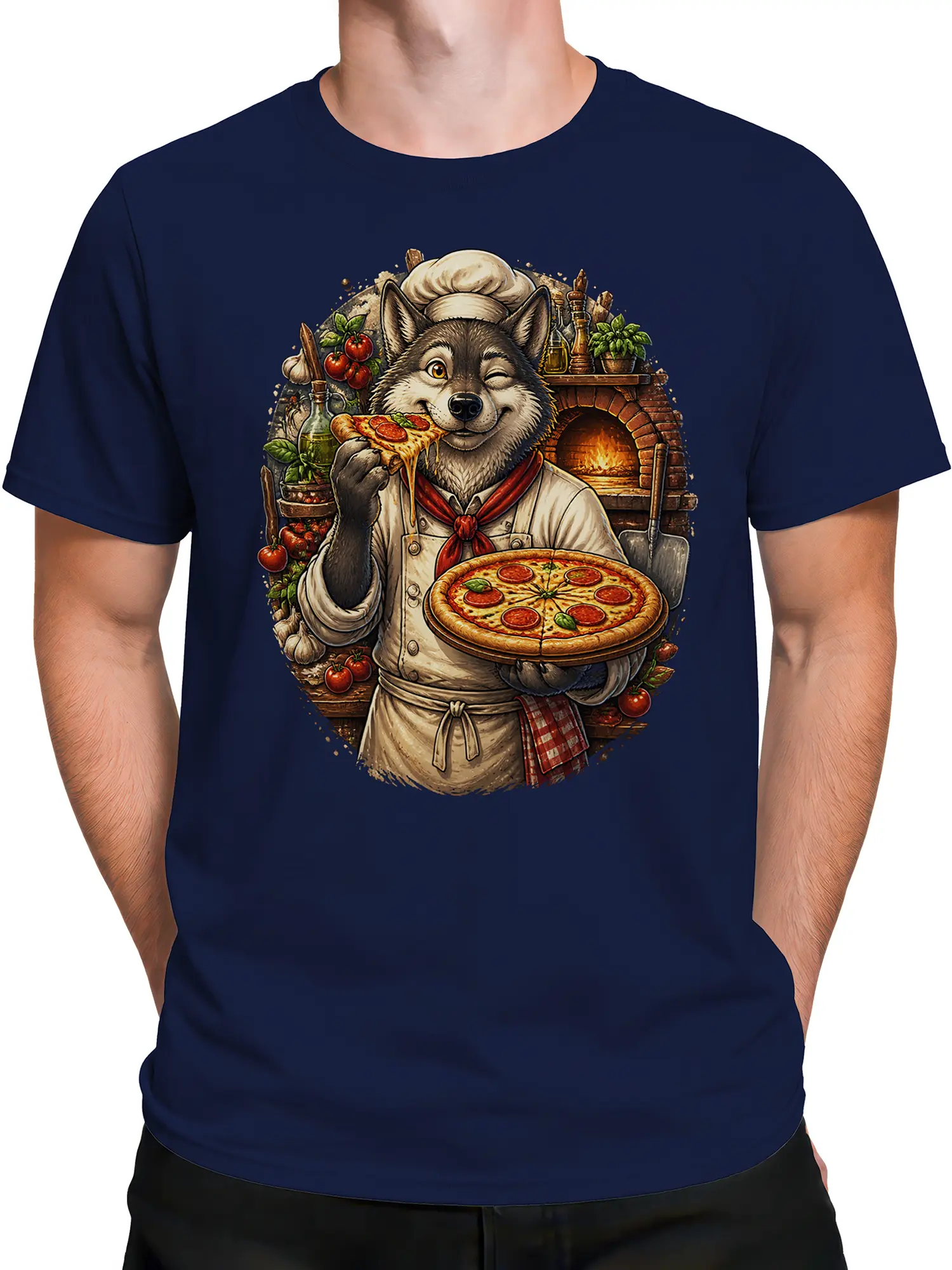 Male torso wearing a navy T-shirt with a winking wolf pizza chef design