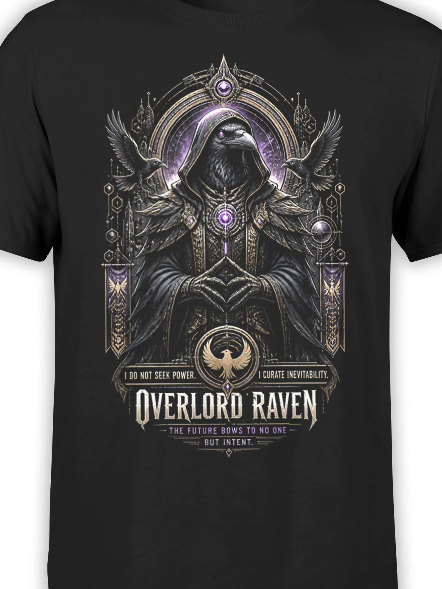 Close-up of the hooded raven design with purple symbols, layered feathers, ornate framing, and Overlord Raven text