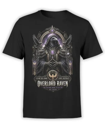 Black T-shirt featuring a hooded raven overlord, purple arcane symbols, ornate details, and the words Overlord Raven