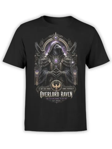Black T-shirt featuring a hooded raven overlord, purple arcane symbols, ornate details, and the words Overlord Raven