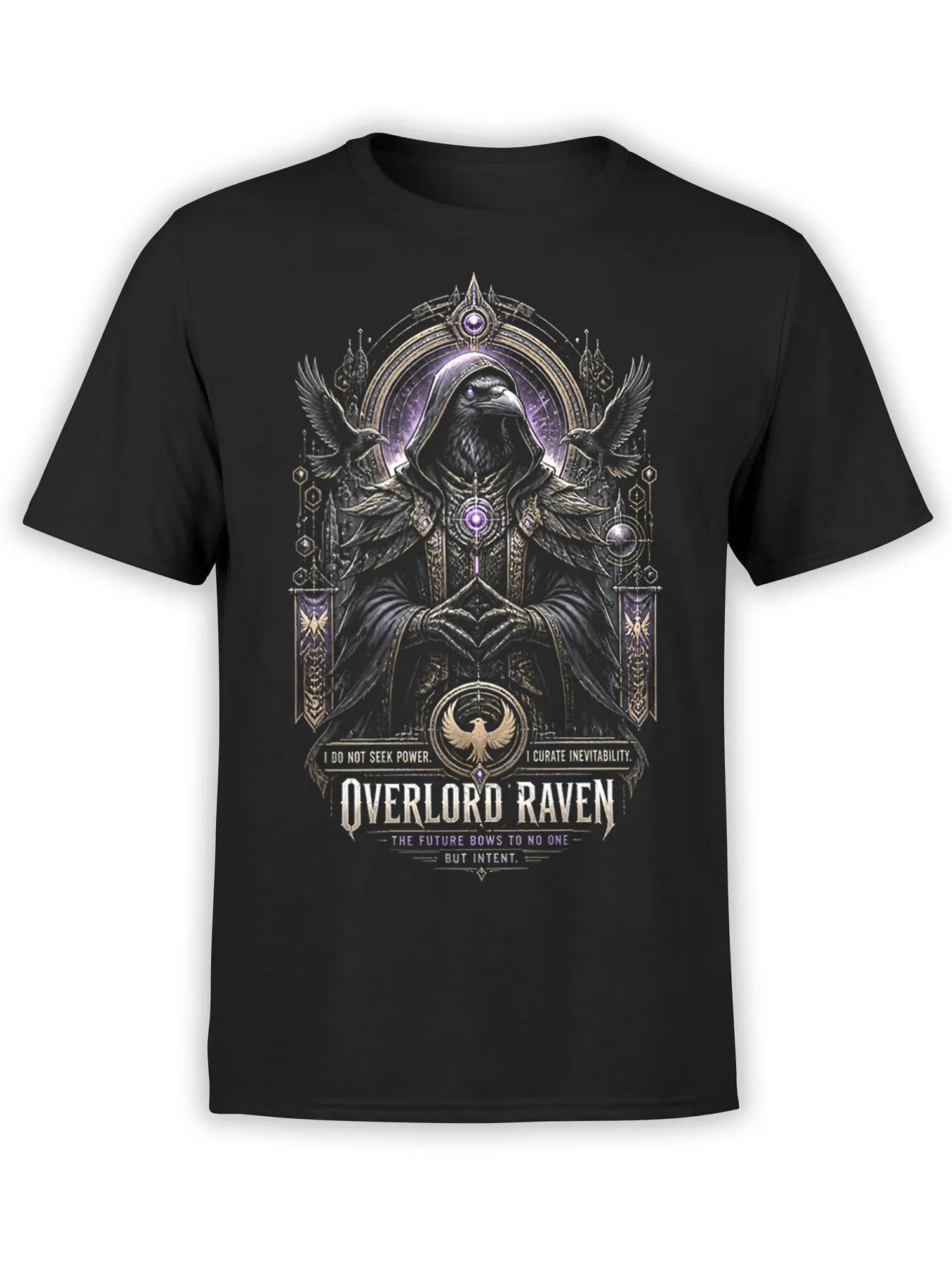 Black T-shirt featuring a hooded raven overlord, purple arcane symbols, ornate details, and the words Overlord Raven
