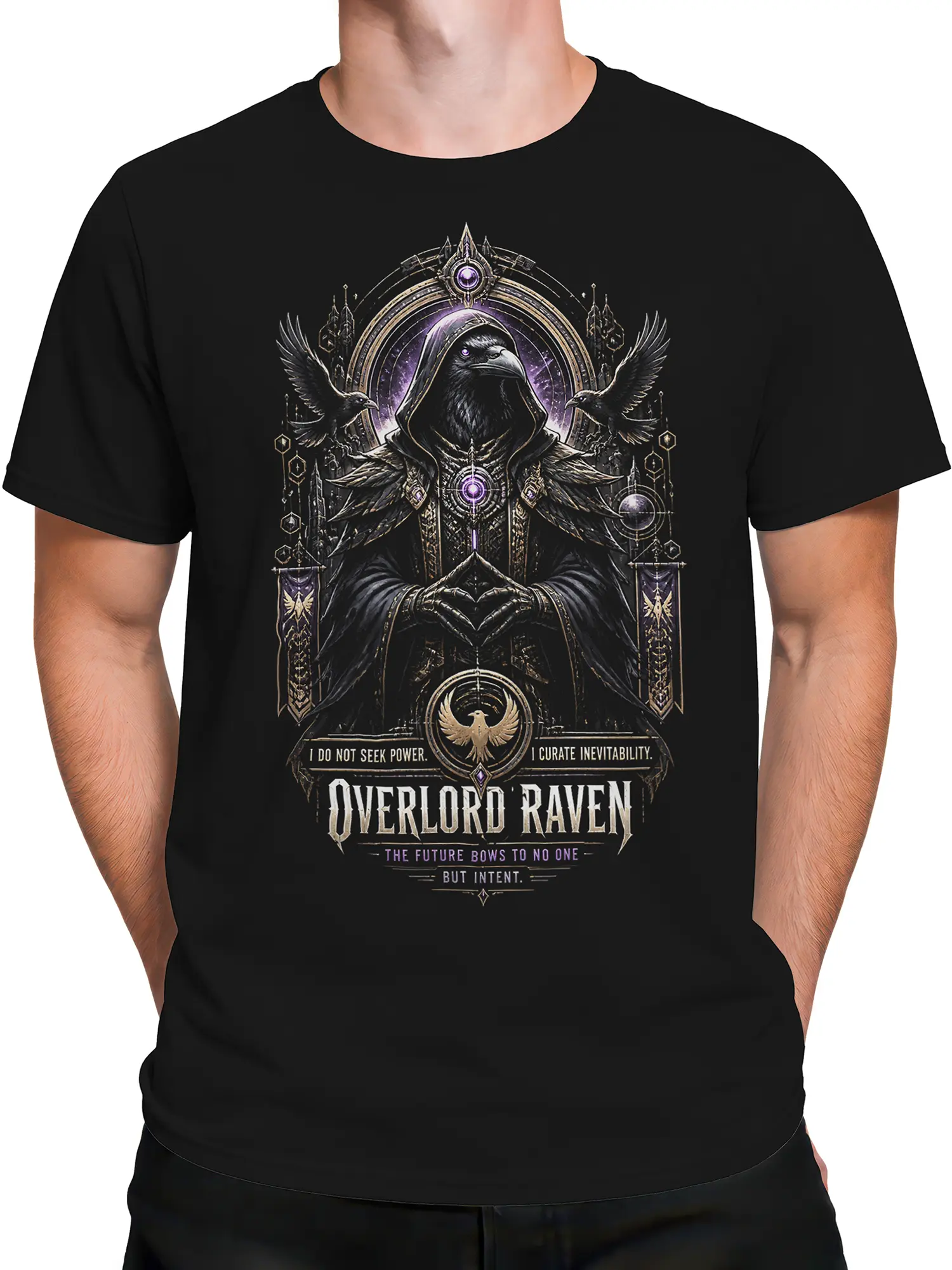 Male torso wearing a black raven fantasy T-shirt with a hooded character and detailed purple graphic