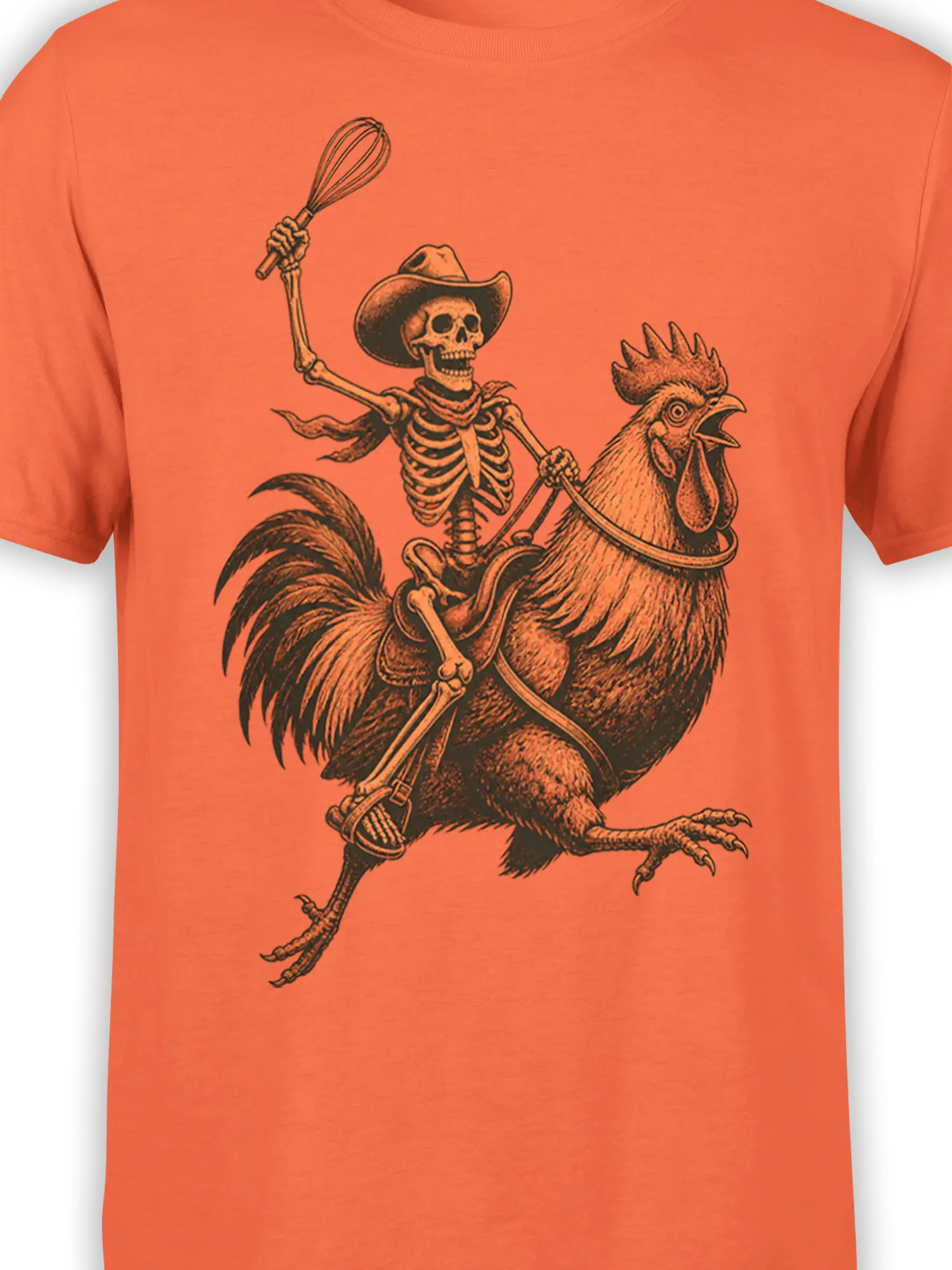 Close-up of skeleton cowboy and rooster rider design printed on an orange T-shirt