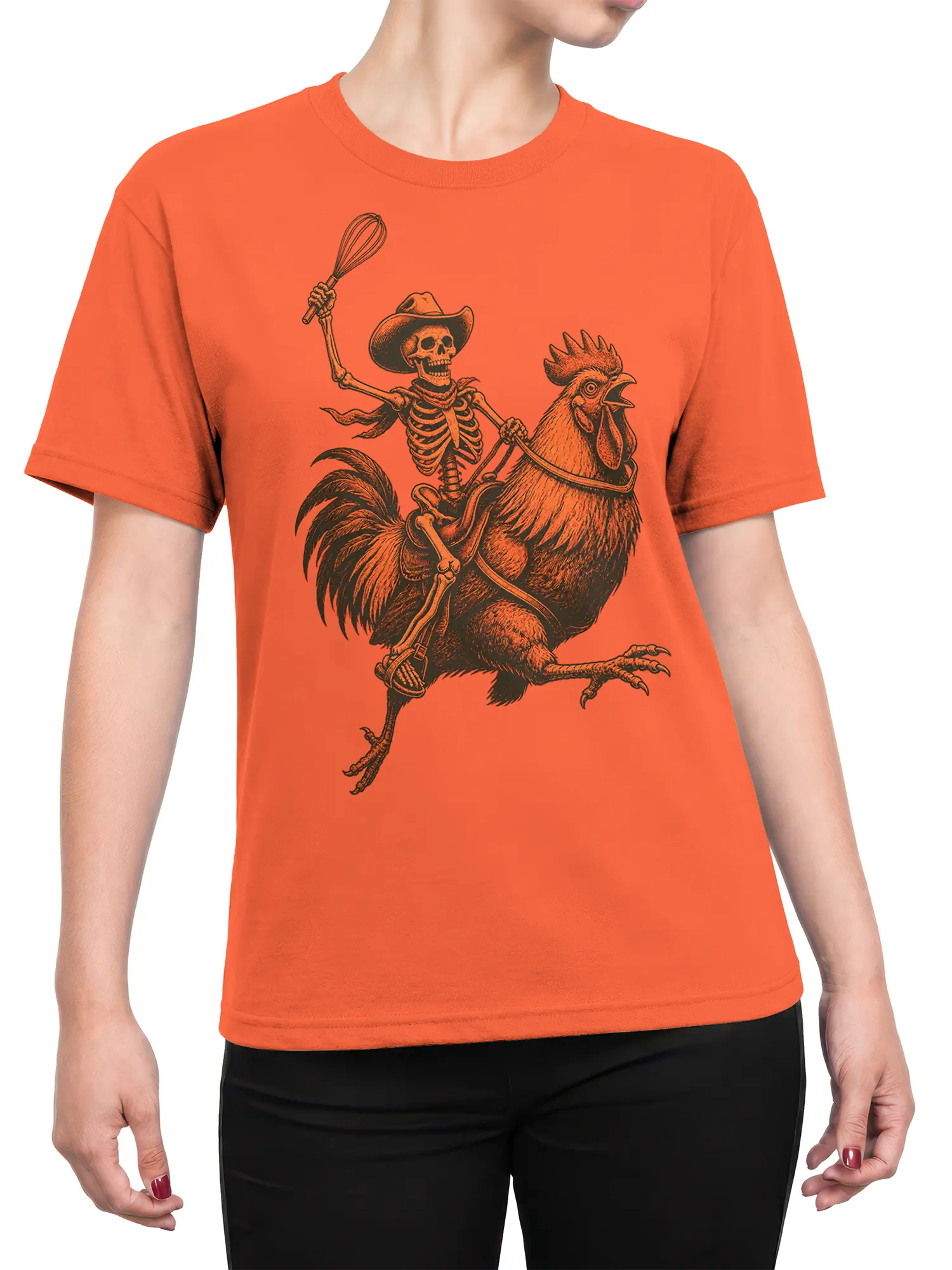 Female torso wearing an orange T-shirt with a skeleton cowboy riding a rooster design